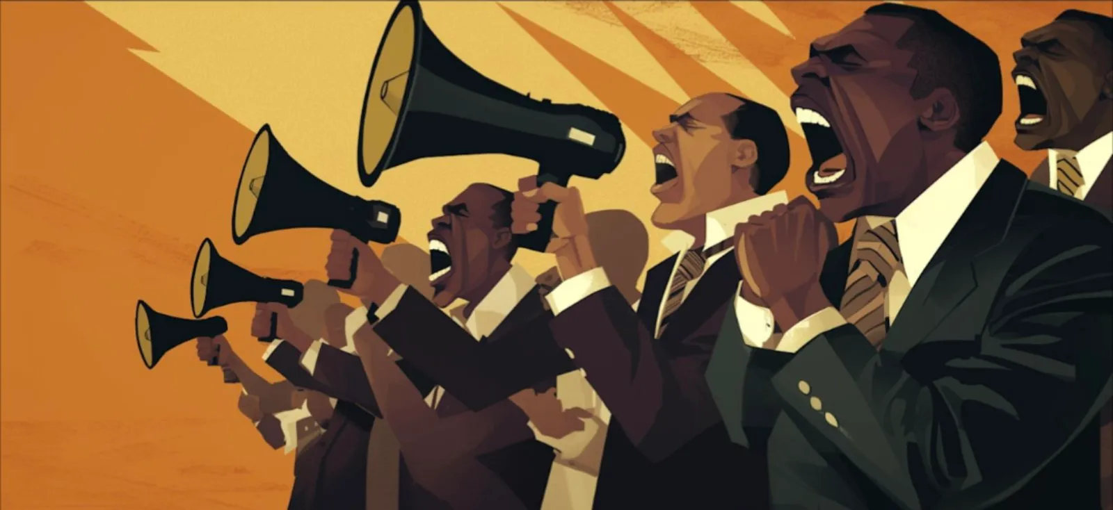 Men in suits shouting through megaphones